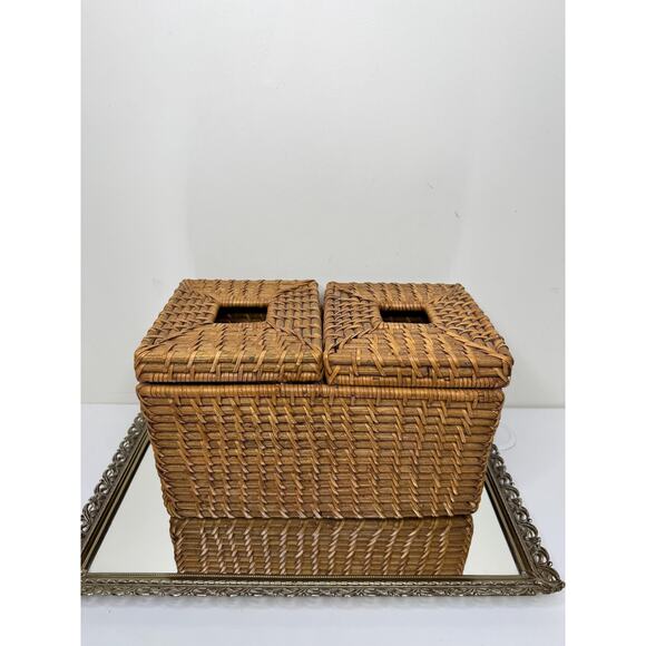 Vintage Boho Rectangular Wicker Storage Basket With Double Bins And Lids, Vintag - Picture 3 of 10